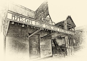 Pepe's Cafe on Key West as drawn by artist Bill Evans. It's the island's oldest restaurant and connects diners with early Florida cuisine.