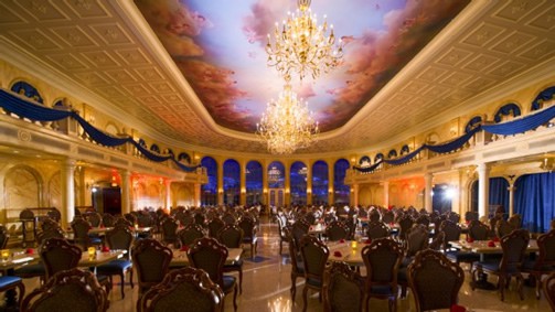 One of the three dining rooms at the Be Our Guest restaurant which has a Beauty and The Beast theme and serves really delicious meals. This is the Grand Ballroom. You'll need reservations for dinner because it's popular all year long.
